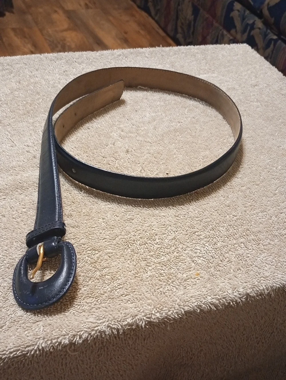 Dark Navy Black Leather Belt with Gold-Tone Buckle 34inches